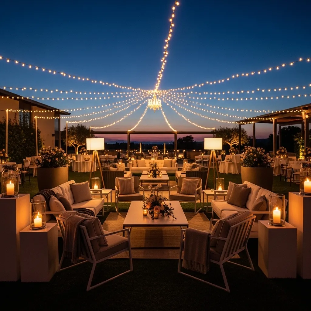 Stimmungsvolle Eventdekoration mit Licht und Lounge