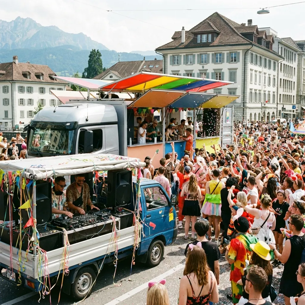 Streetparade mit mobiler Bar und Publikum