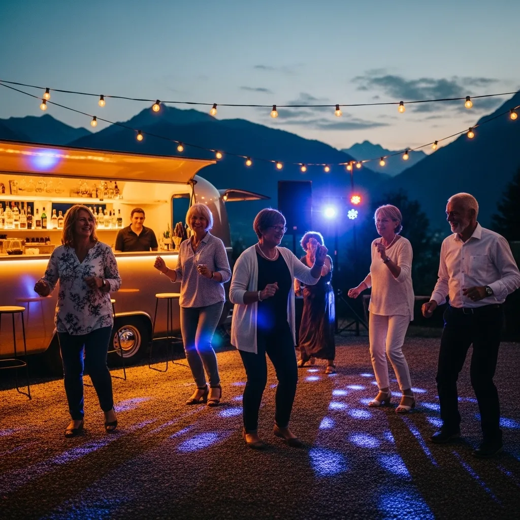 Tanzende Gäste über 50 an einer Openair-Bar