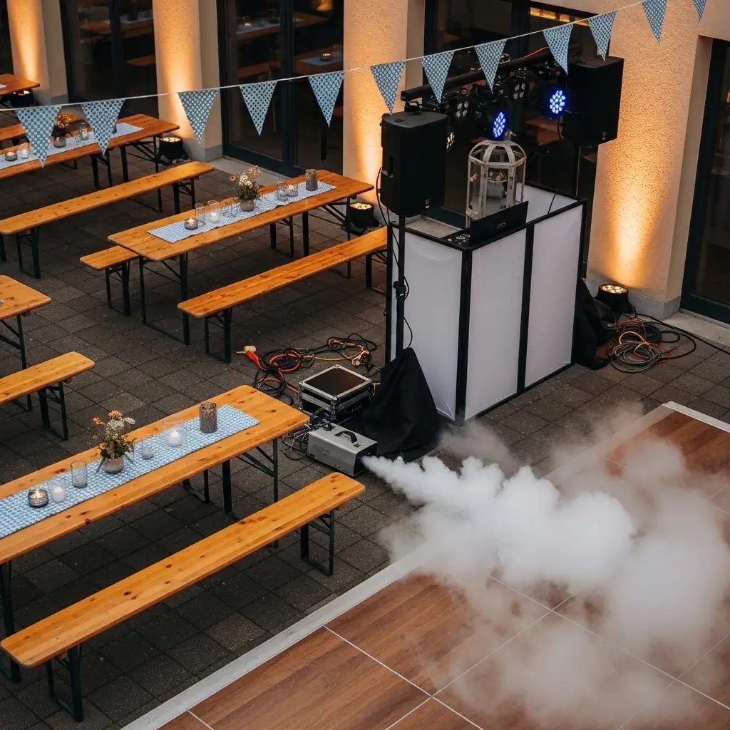 Technik-Setup für Hochzeit mit LED-Licht und Nebelmaschine