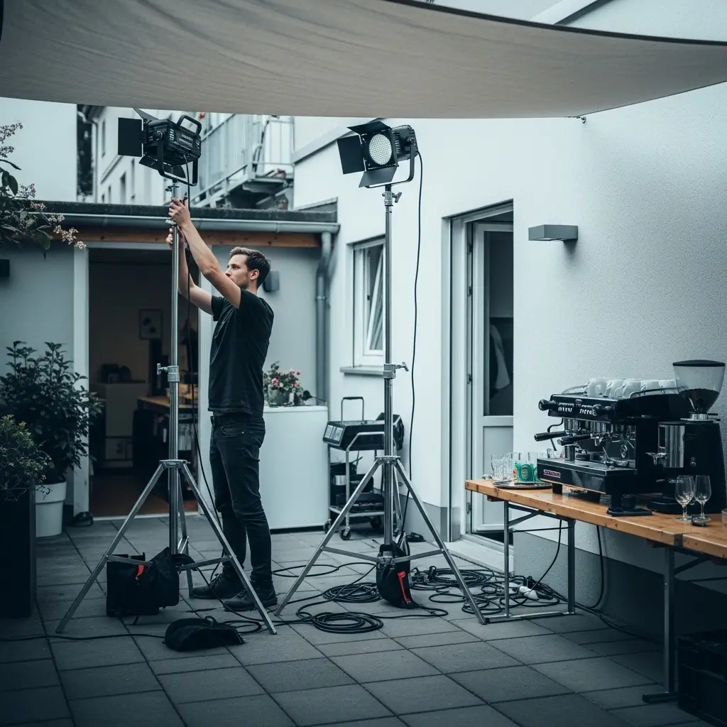 Techniker richtet RGB Fluter für ein Firmenevent ein