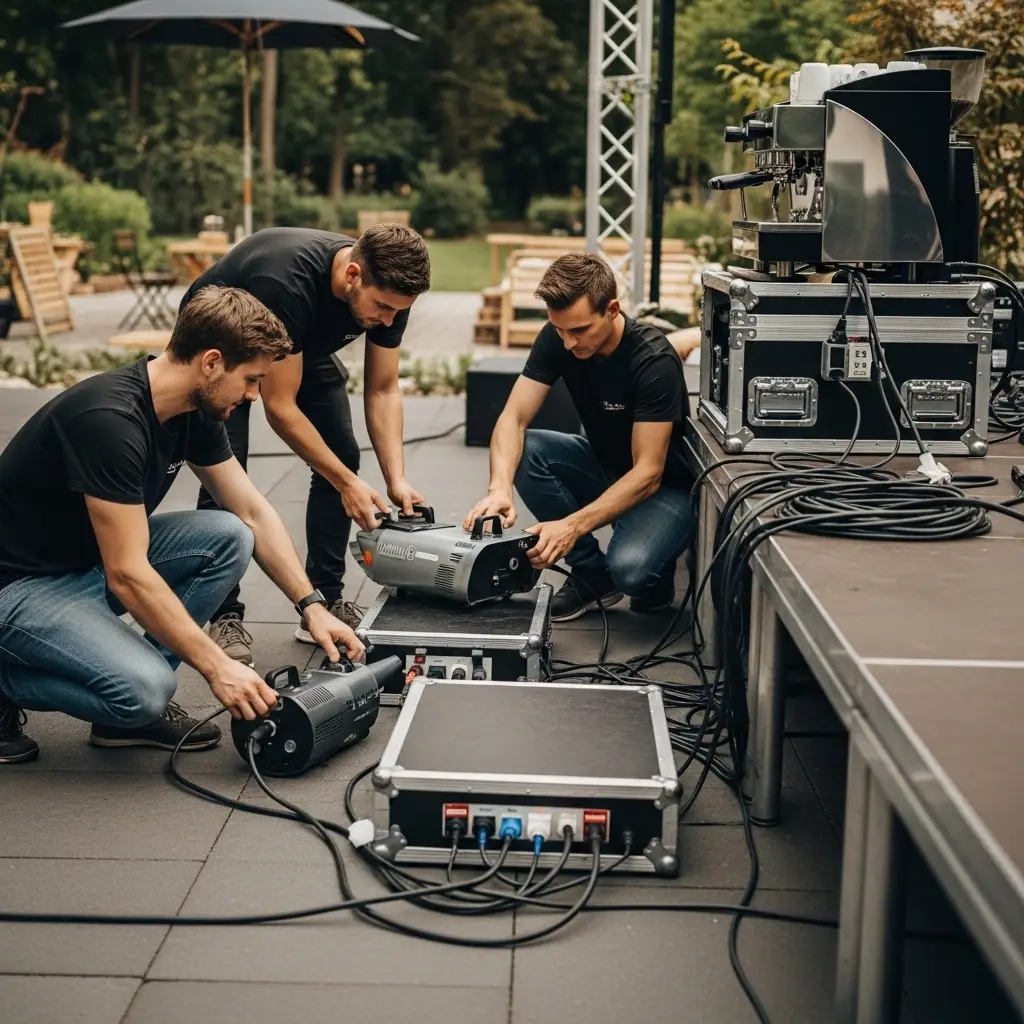 Technikteam bereitet eine Bodennebelmaschine im Outdoor-Bereich vor