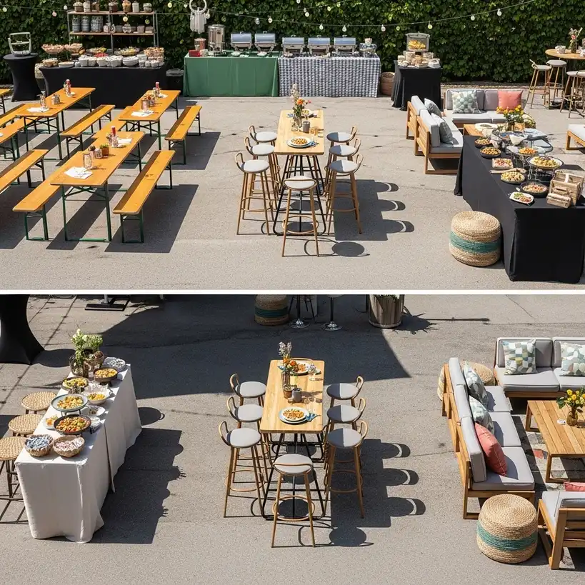 Vergleich von Bierzeltgarnitur, Hochstühlen und Loungesets auf einer Schweizer Outdoor-Veranstaltung