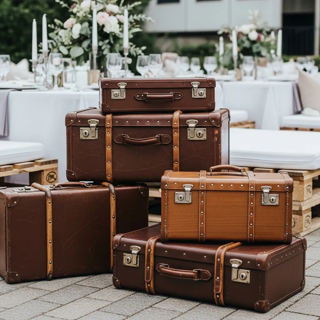 Antike Koffer mieten 2 Vintage-Dekoration mit alten Reisekoffern