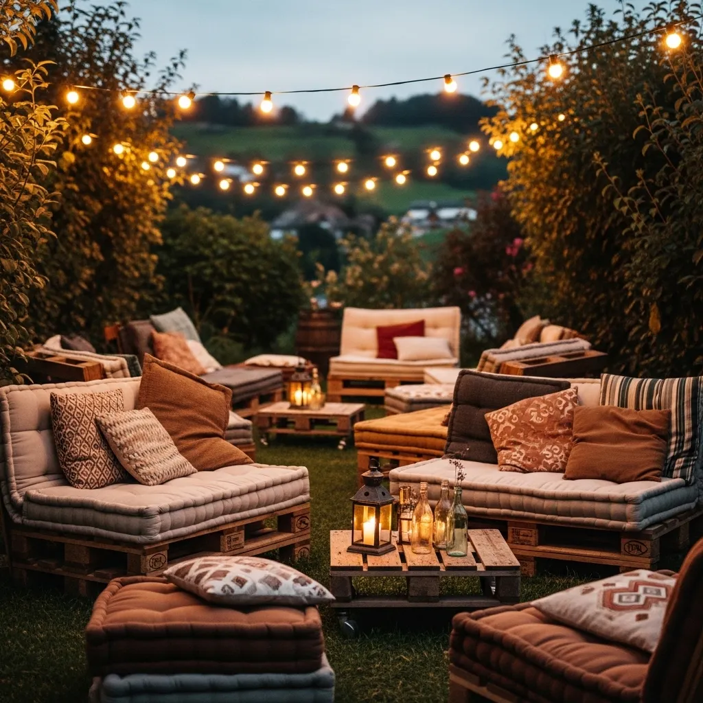 Vintage Lounge mit Palettenmöbeln und Lichterketten
