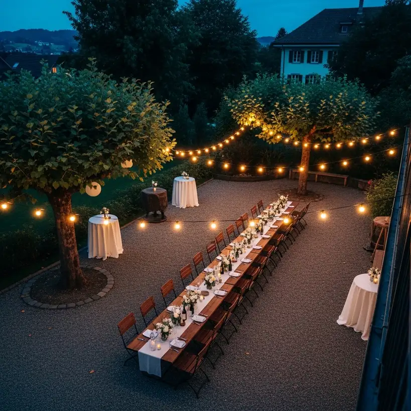 Warme Gartenparty mit aufgehängten Lichterketten zwischen Bäumen und über einer langen Tafel