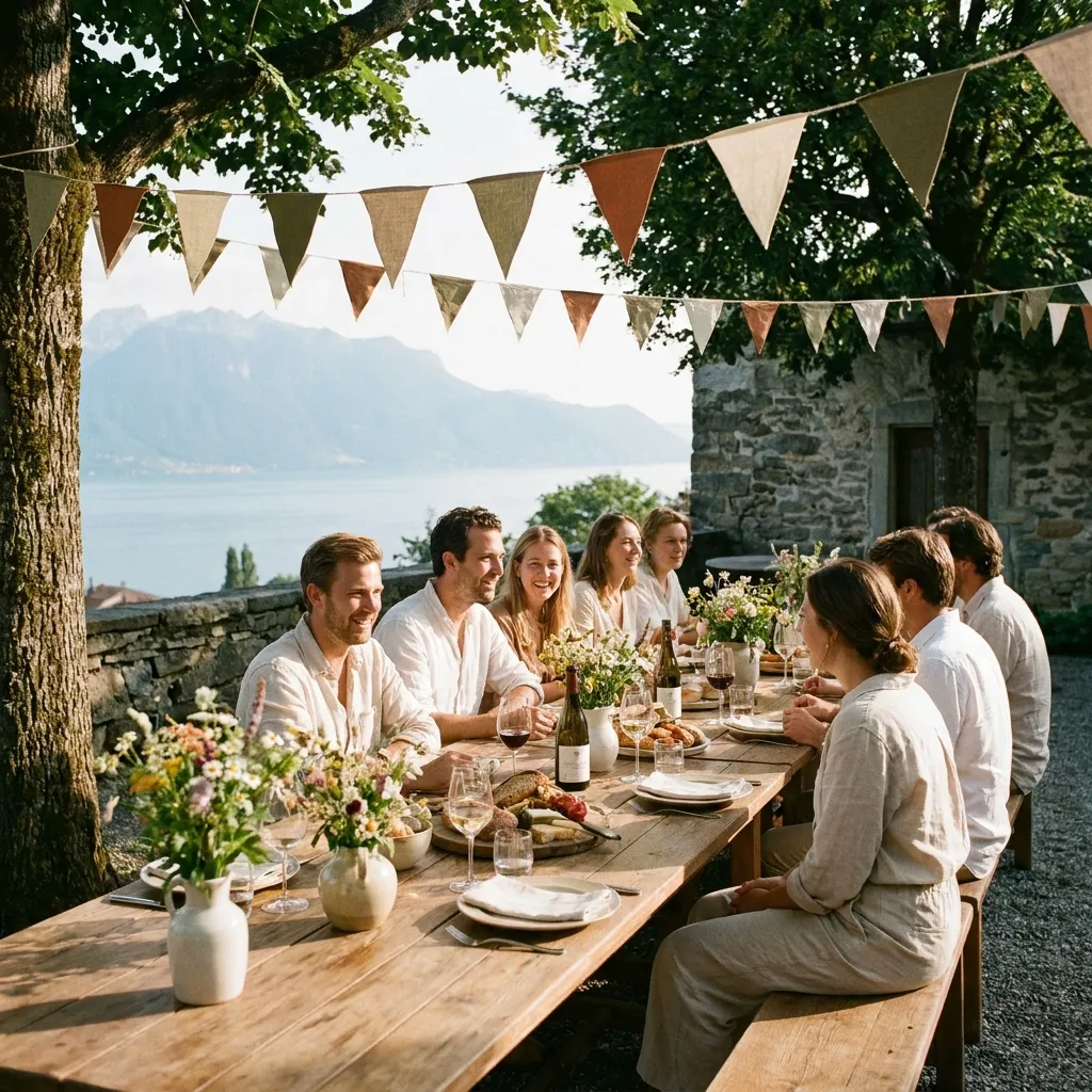 Wimpelketten über einer stilvollen Gartenfeier