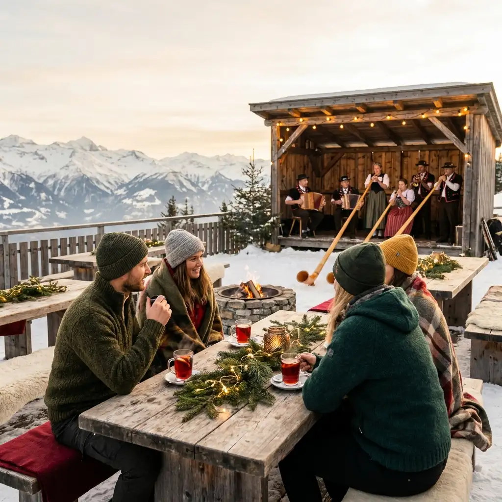 Winterliche Bar auf einer Schweizer Terrasse mit Decken und Lichterketten