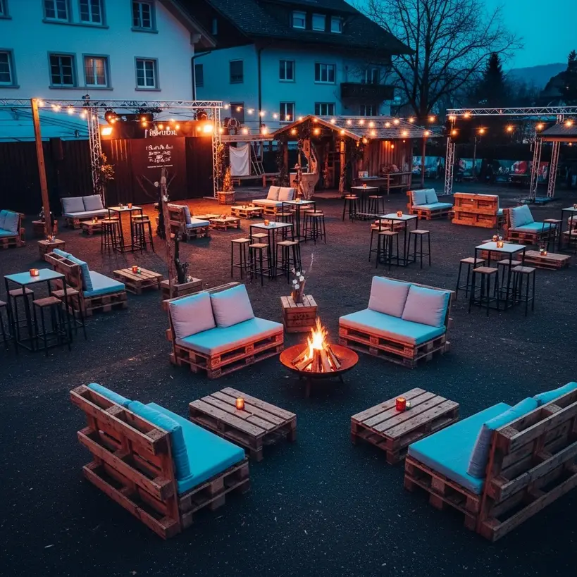 Winterliche Eventfläche mit Lounge, Licht und Feuerstelle