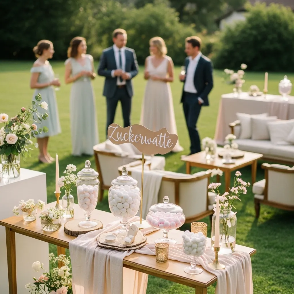 Zuckerwatte-Station auf einer Schweizer Gartenhochzeit