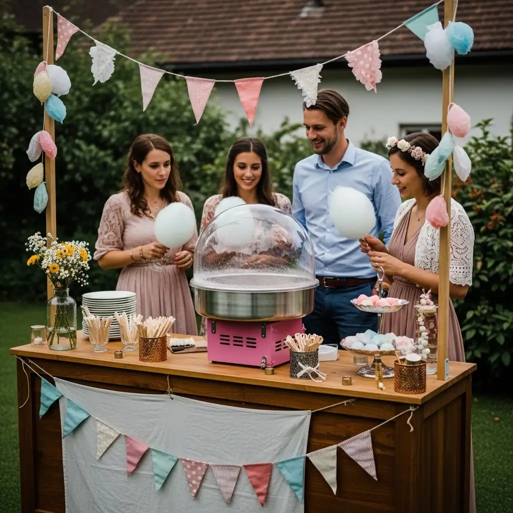 Zuckerwatte-Station auf einer Schweizer Hochzeit im Freien