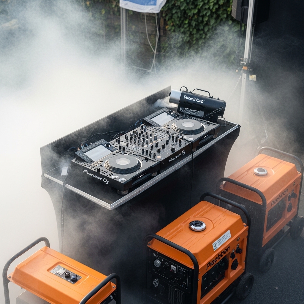 Nebelmaschine mieten Online 3 DJ-Pult mit Licht und feinem Nebel