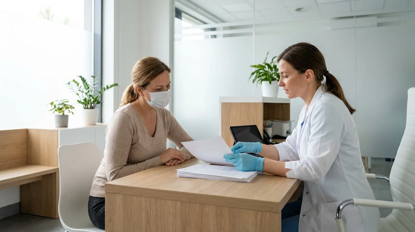 Mujer en consulta preventiva revisando resultados de laboratorio con una profesional de salud, ambiente clínico limpio, iluminación natural suave, texturas realistas, no text