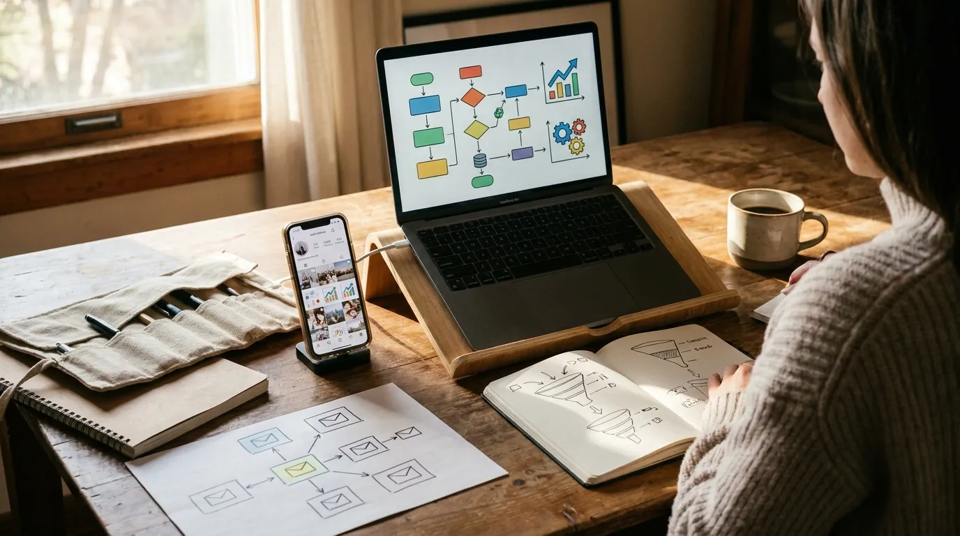 Creator planning a simple email funnel on a laptop with phone, notes, and storefront dashboard visible, warm natural window light, clean desk, realistic textures, no text
