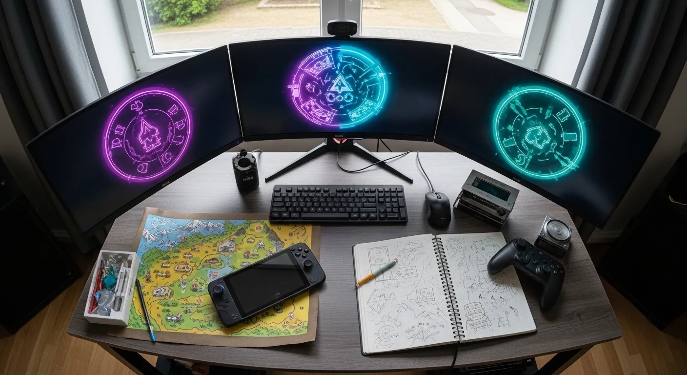 A close-up tabletop scene with a fantasy map, game controller, notebook, and handheld console, soft daylight, rich texture detail, adventure planning mood, no text