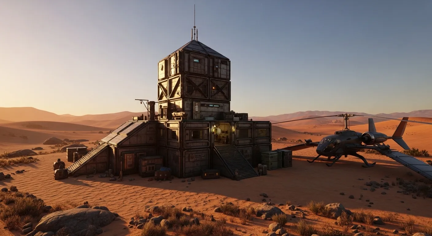 A detailed sci-fi desert base with an ornithopter parked nearby at sunset