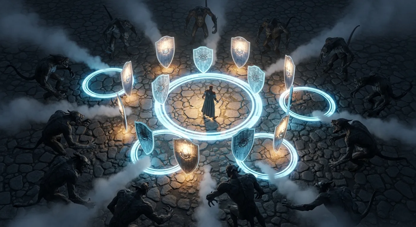 A dramatic top-down fantasy battle scene inspired by survival roguelikes, with glowing circular shields and time-freeze effects around a lone hero