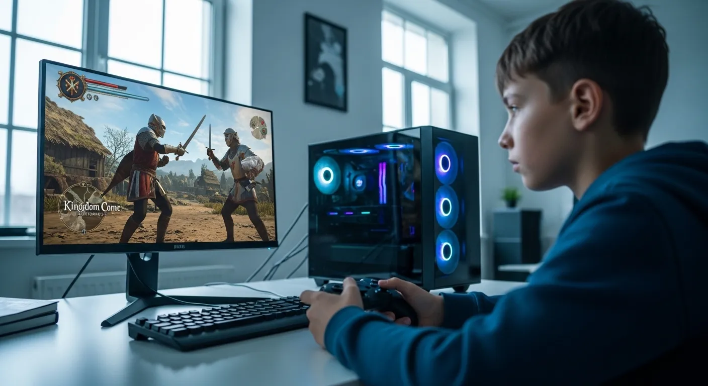 A focused gamer practicing a medieval combat game