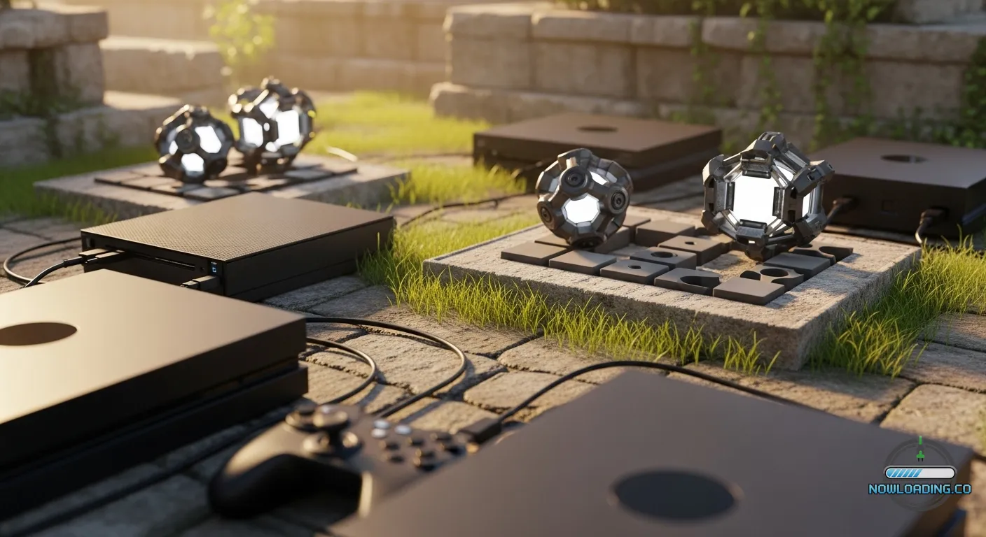 A futuristic stone ruin with puzzle devices and soft sunlight