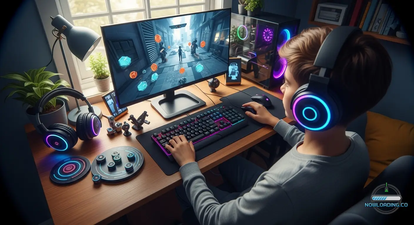 A gamer at a desk studying a puzzle game on a modern monitor
