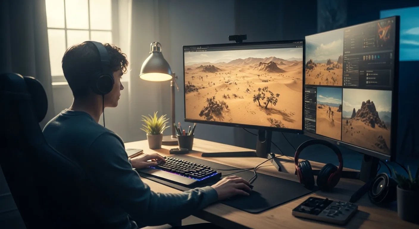 A gamer studying a desert survival map on a dual-monitor setup