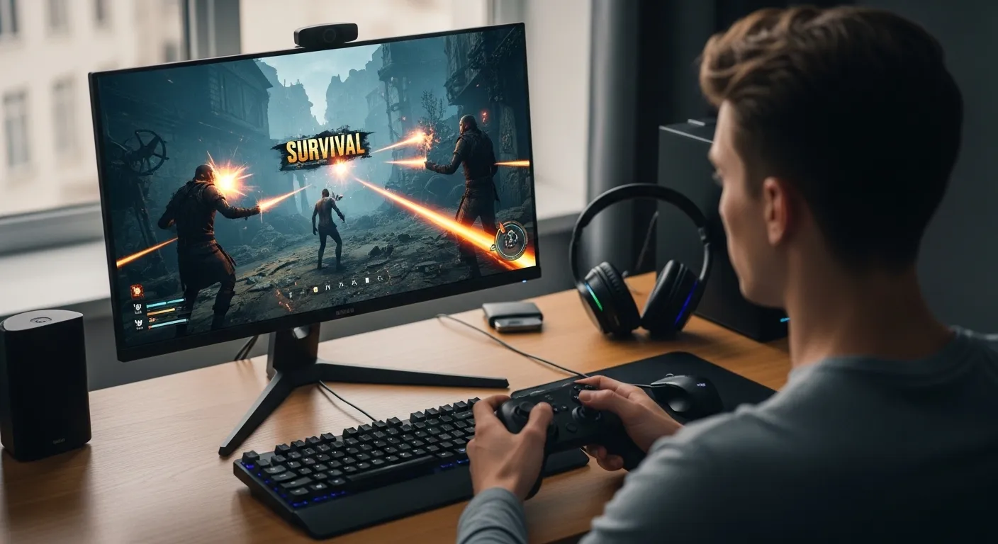 A gamer using a controller while a chaotic survival game battle fills a monitor with glowing attacks and enemy swarms
