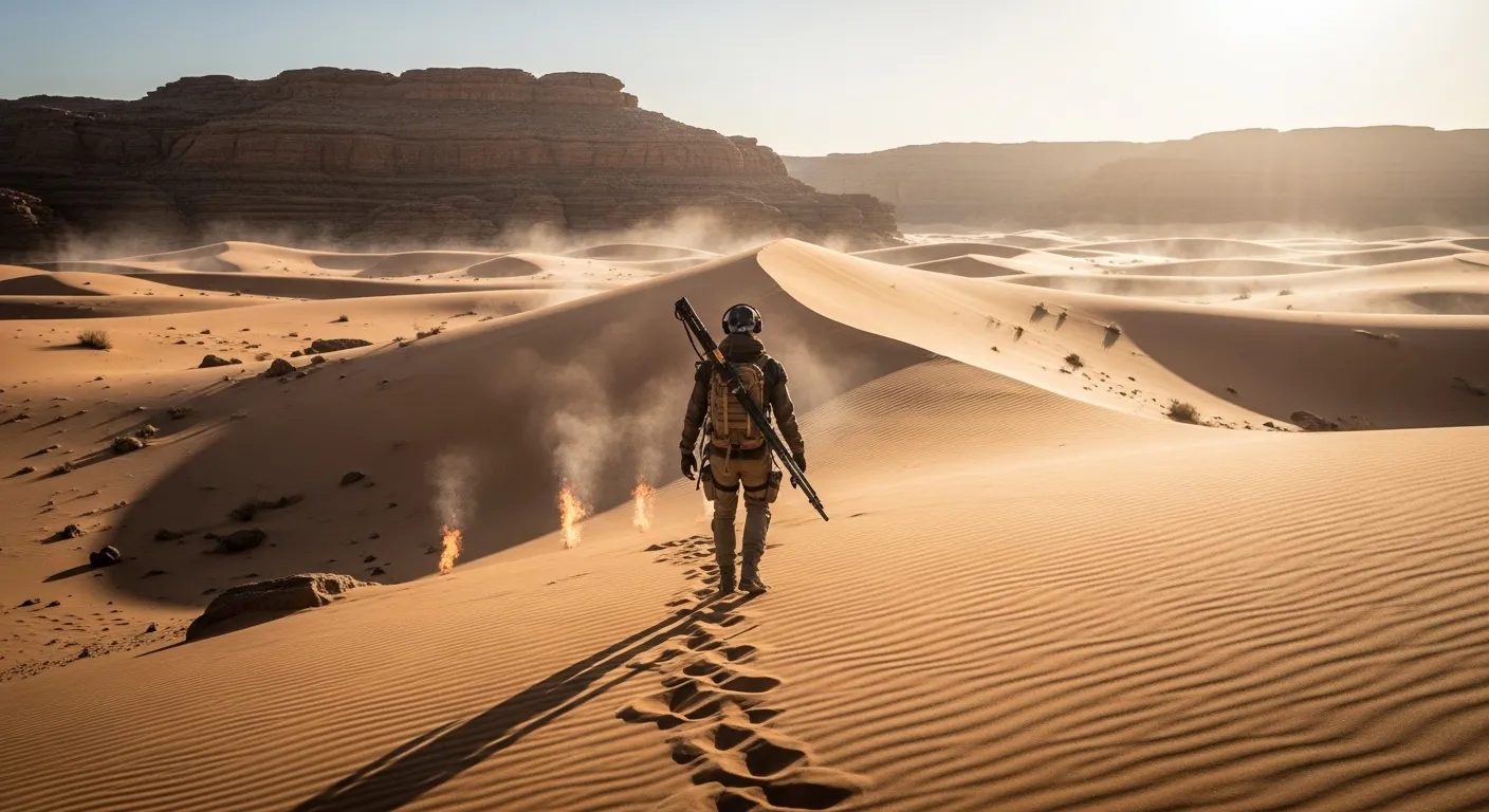 A lone player crossing a harsh desert ridge at sunset with survival gear, heat haze, rugged sand textures, distant rocky outcrops, tense mood, no text