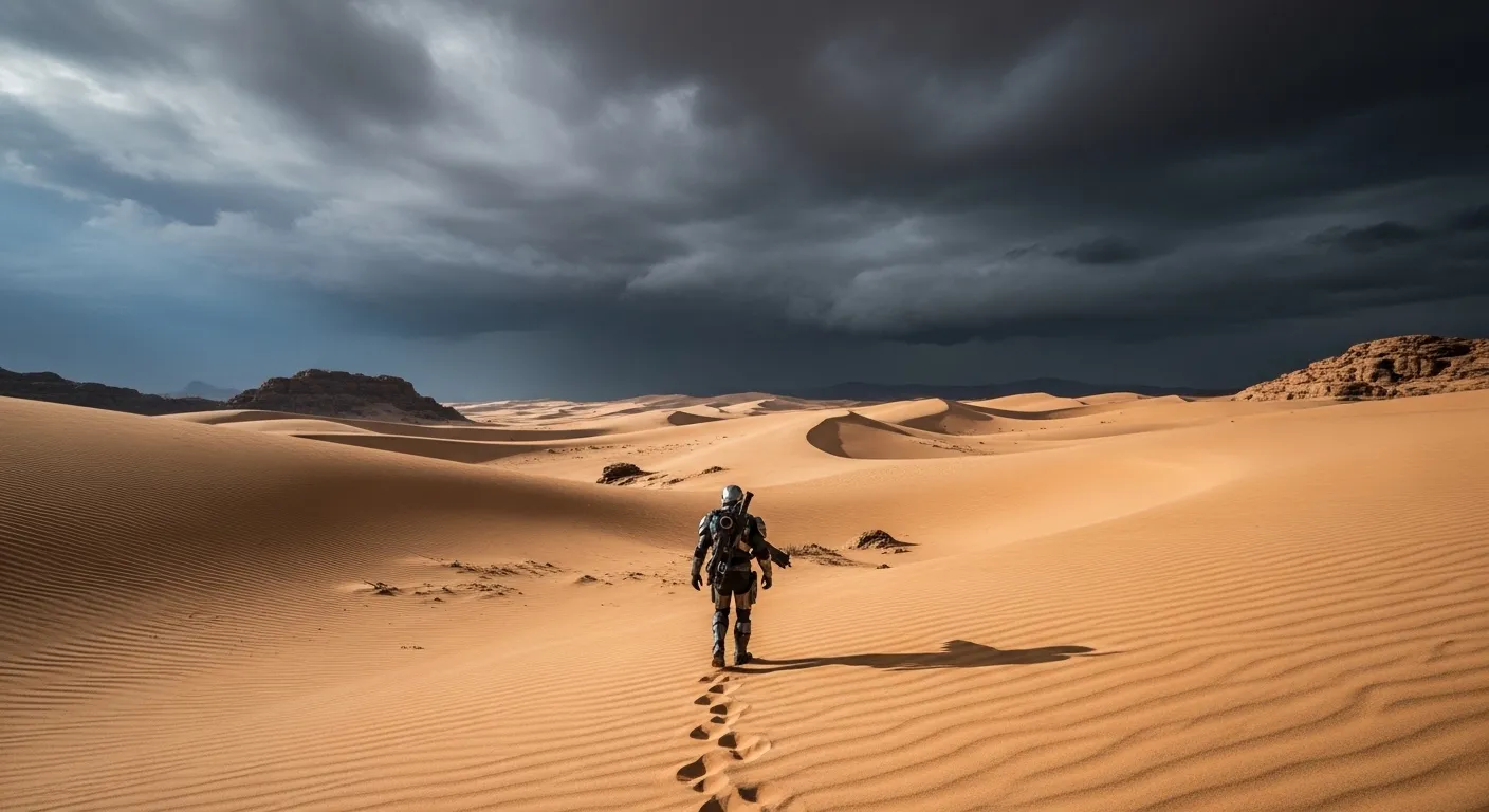 A lone player crossing a vast desert with storm clouds forming in the distance