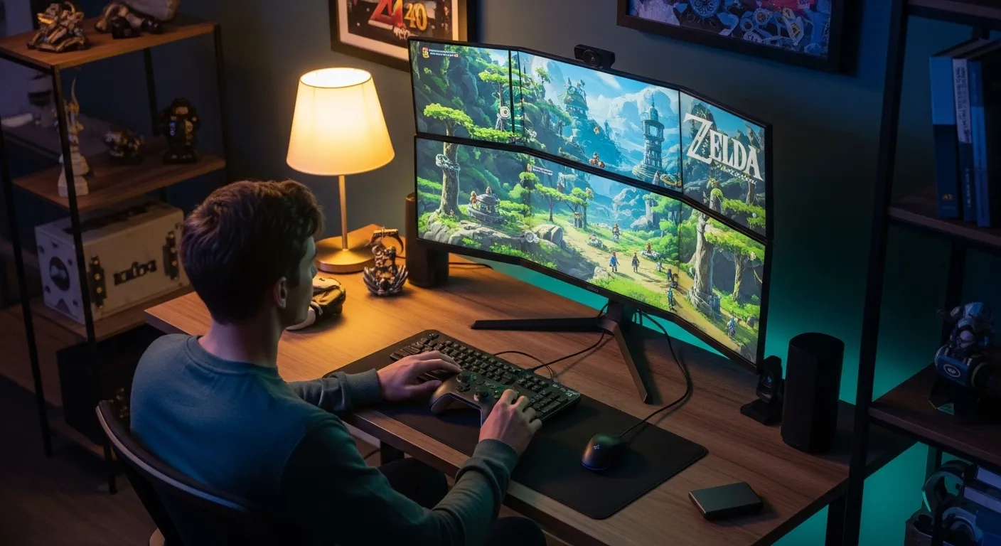 A moody fantasy gaming setup with a player revisiting classic adventure games on a modern display, warm room lighting, detailed controller textures, shelves of game memorabilia, no text