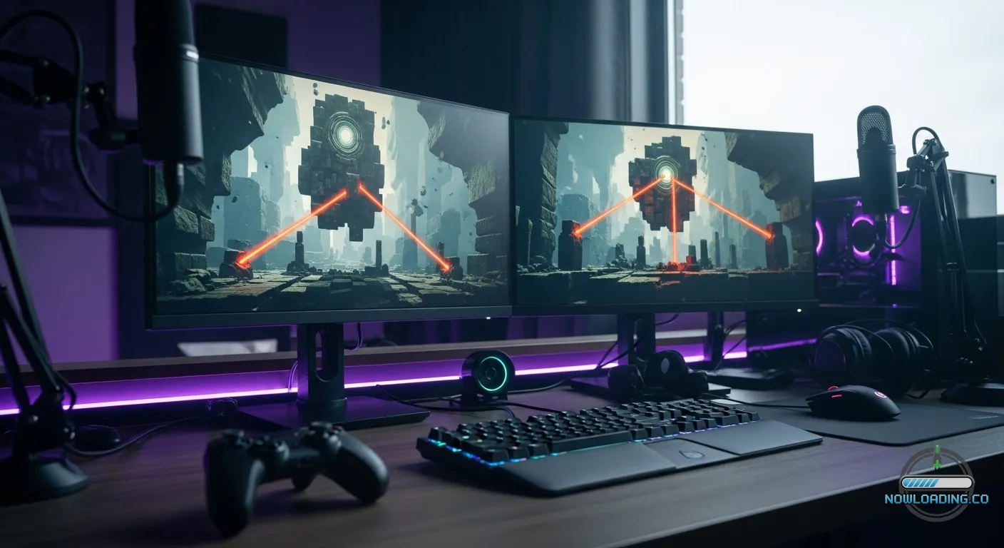 A photorealistic gaming desk with dual monitors showing a minimalist puzzle game environment, soft daylight, realistic keyboard and controller textures, no text