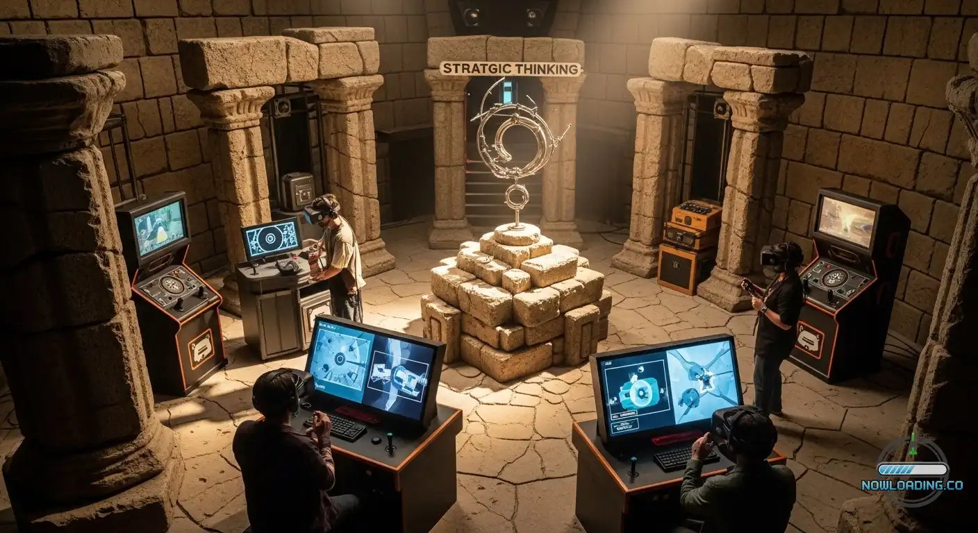 A photorealistic sci-fi puzzle chamber with clean stone architecture, glowing terminals, soft natural lighting, realistic textures, and a contemplative mood, no text
