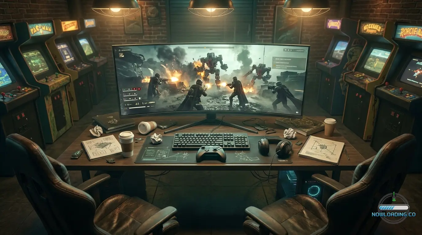 A tactical map table with controllers, headset, and a sci-fi game setup lit by warm room light