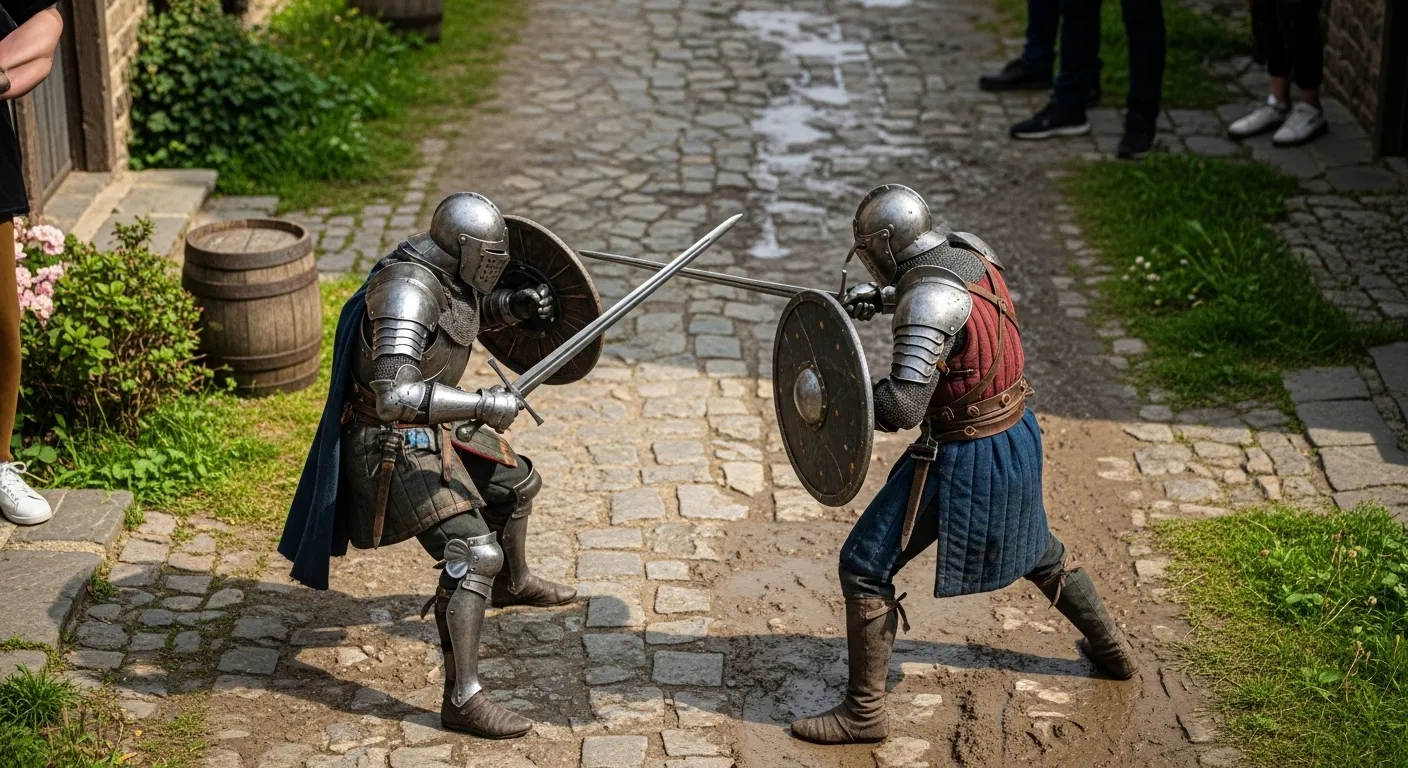 A tense medieval duel with measured footwork