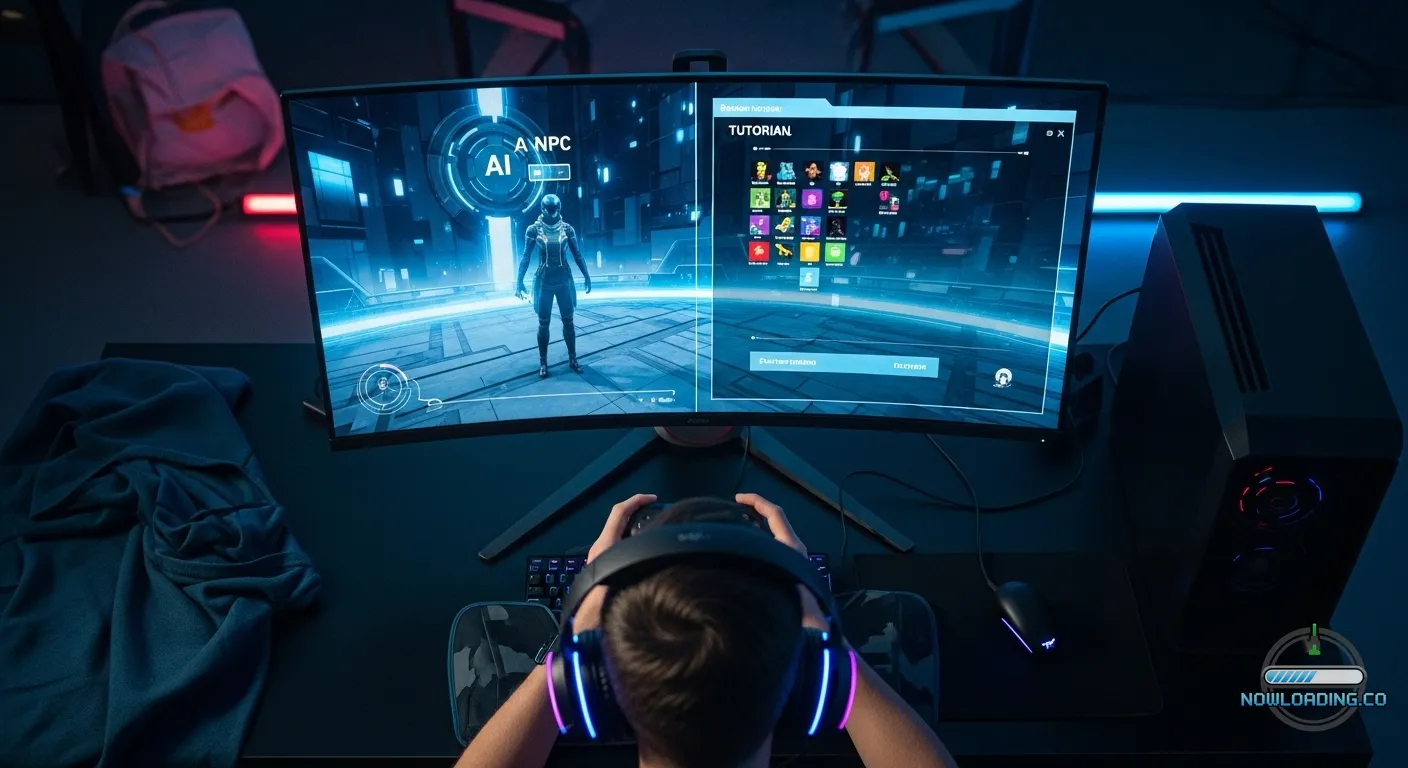 AI-driven NPC encounter in a futuristic game lounge