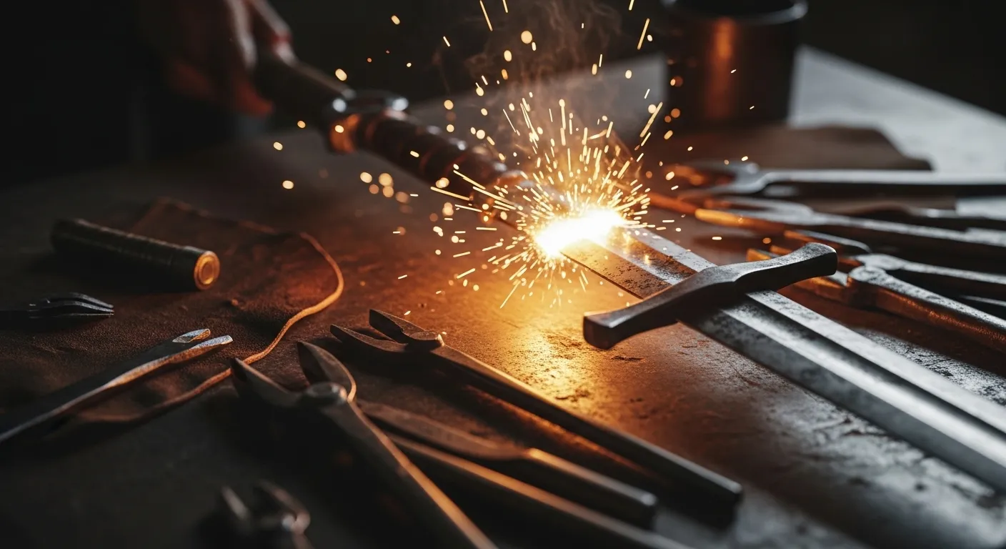 Close-up of a glowing weapon customization scene in a dark fantasy blacksmith space