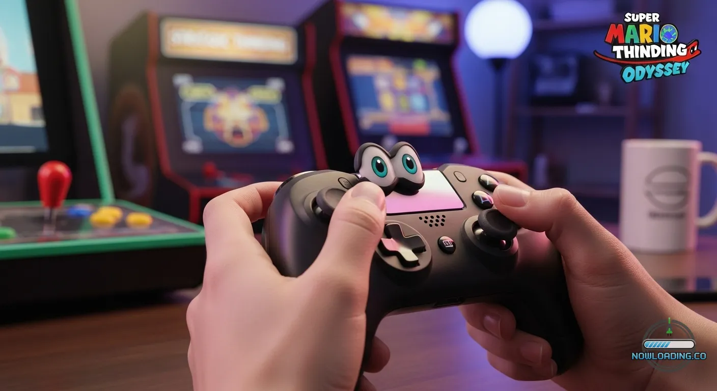 Close-up of hands using a game controller during a colorful platform puzzle challenge