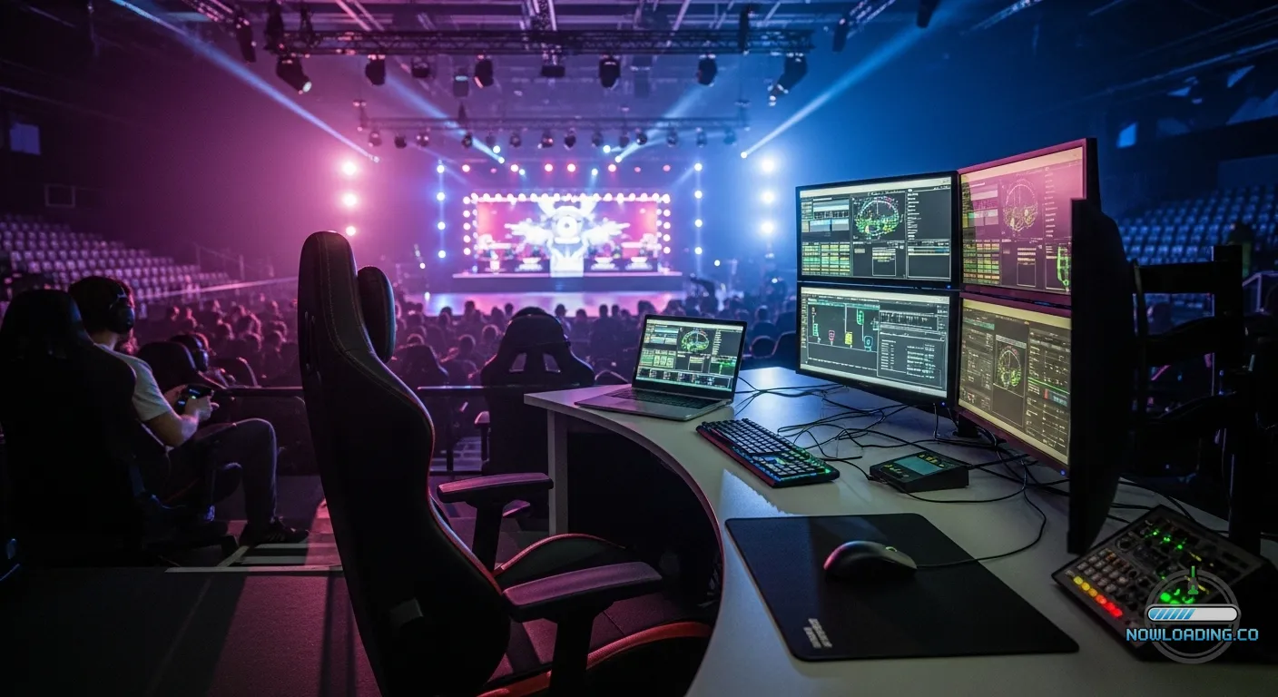 Competitive gaming arena with focused spectators and analyst desk