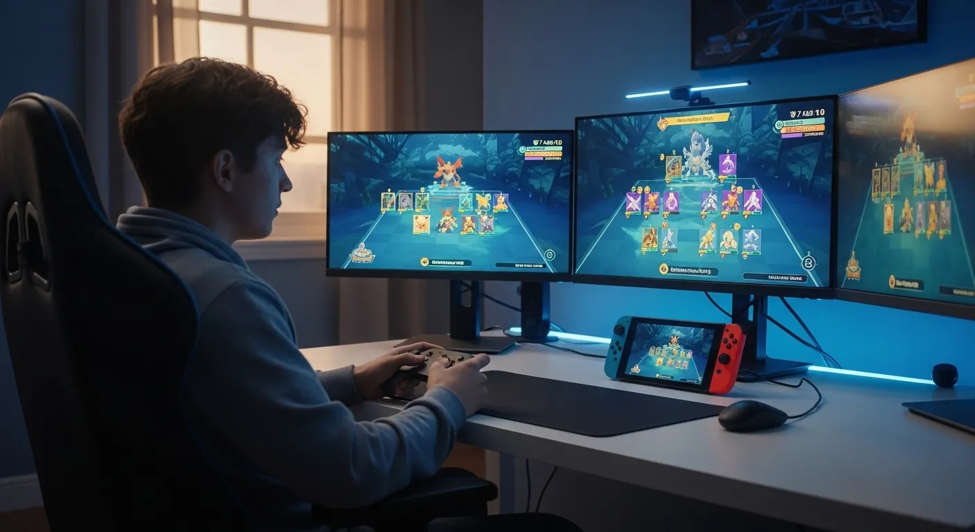 Competitive Pokémon battle setup on a Nintendo Switch with a focused gamer at a desk, soft room lighting, modern gaming space, realistic hands and controller detail, no text