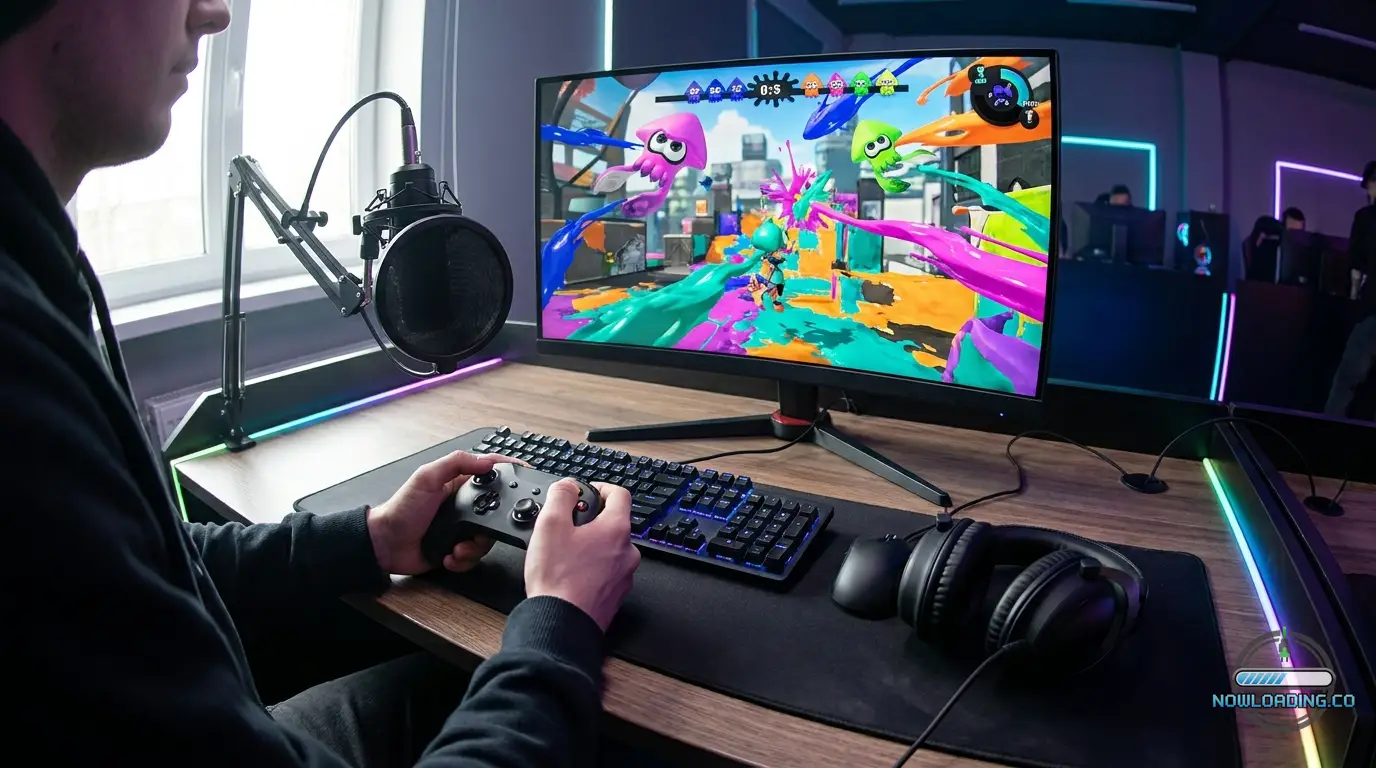 Competitive Splatoon-style player setup with controller and monitor