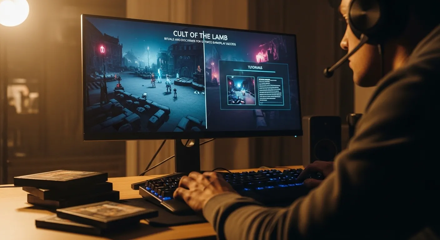 Dark fantasy gamer desk with indie strategy vibe