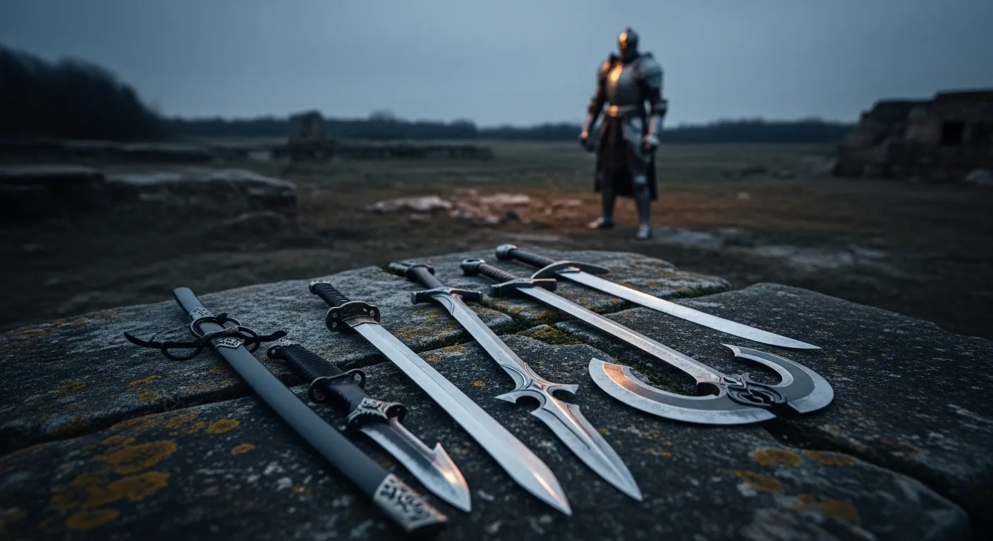 Elden Ring warrior comparing weapon classes in a ruined battlefield