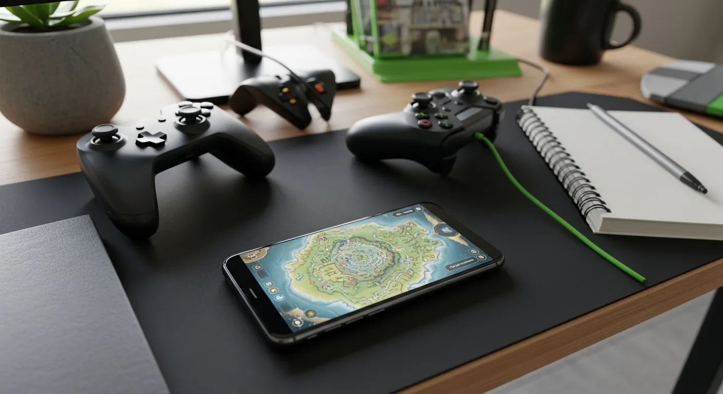 Fantasy adventure notebook and modern phone beside a game controller