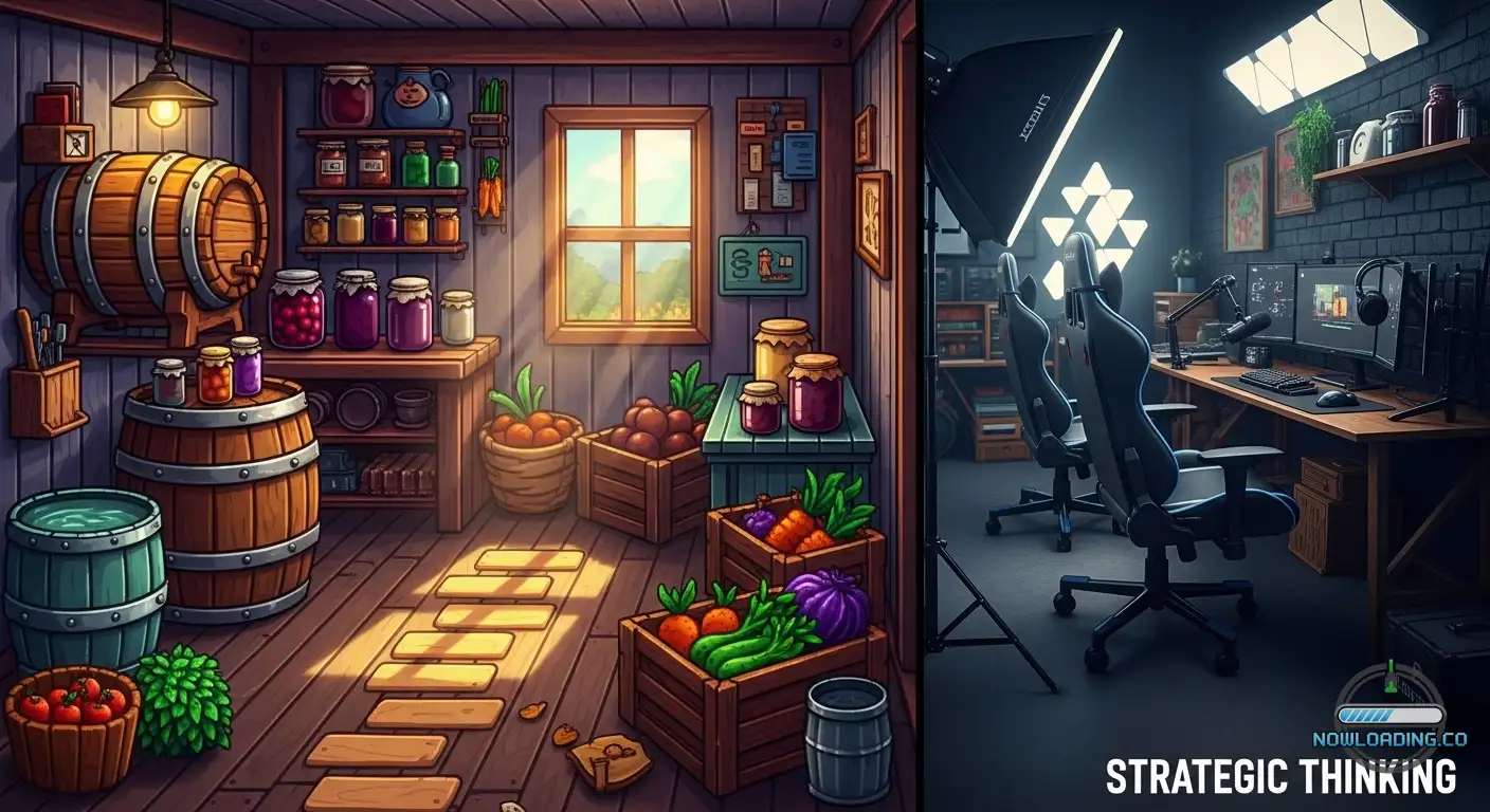 Farmer workspace with organized artisan production setup inspired by Stardew Valley