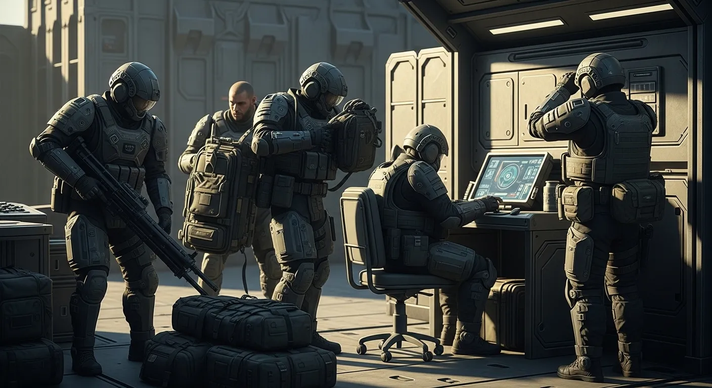 Four Helldivers coordinating roles before a mission