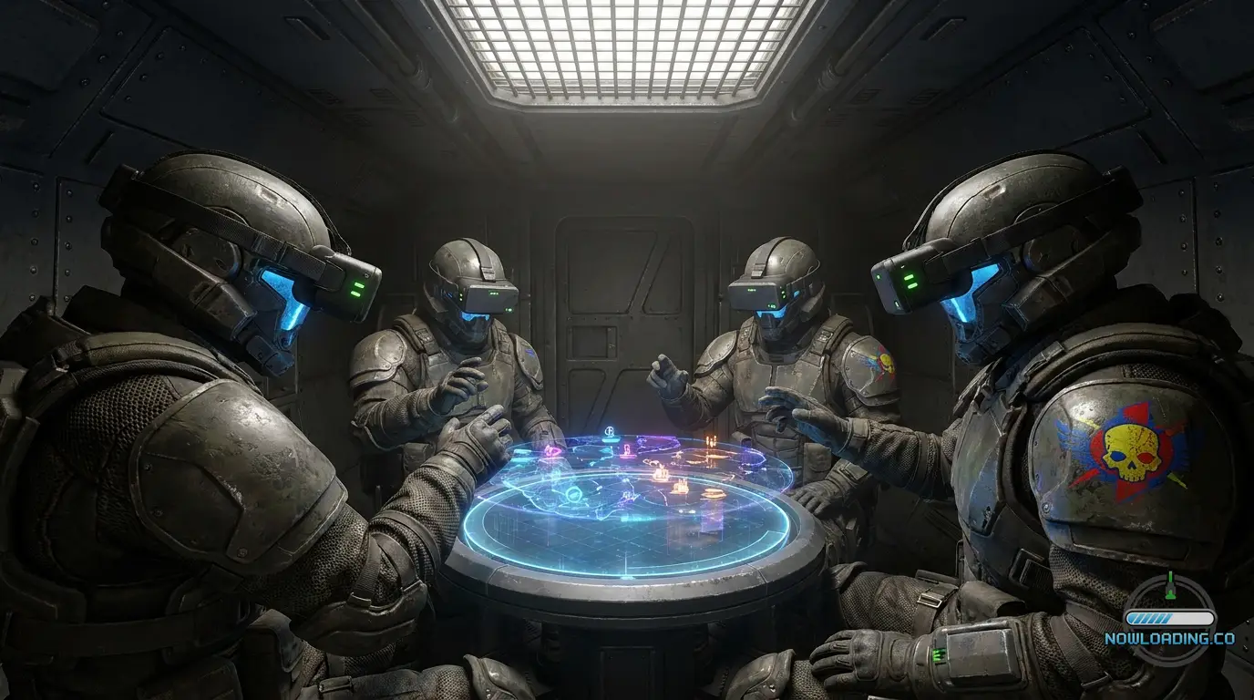 Four Helldivers planning loadouts before deployment