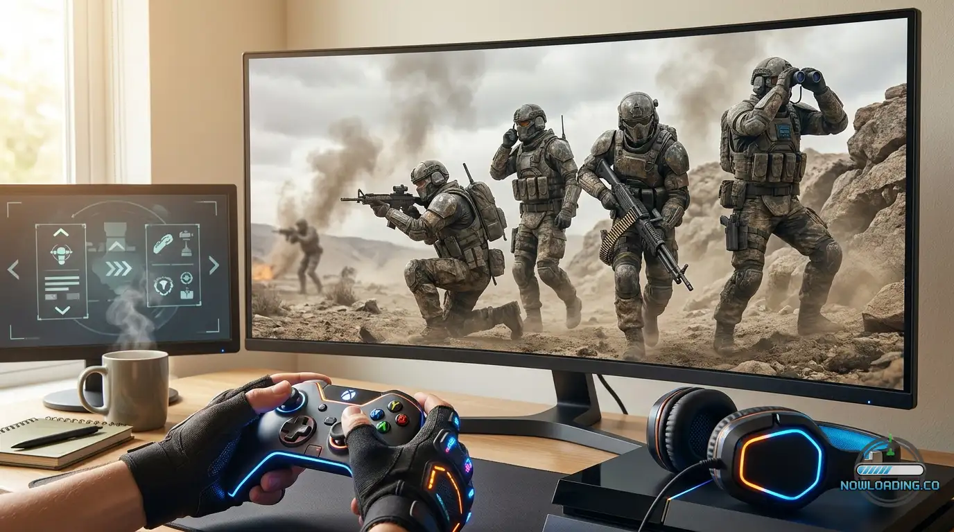Four sci-fi soldiers coordinating in a dusty battlefield with explosions in the background