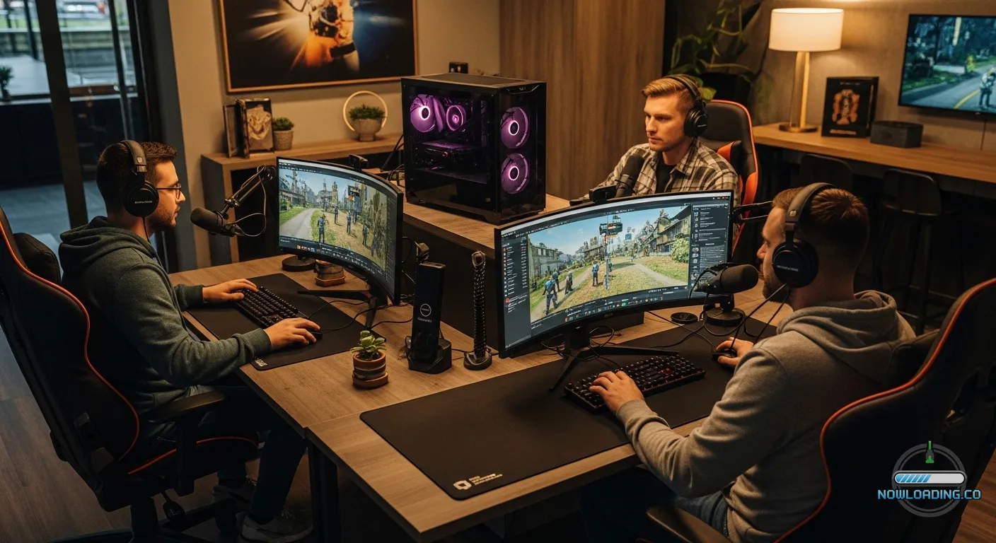 Friends coordinating in a survival game event from a streaming setup