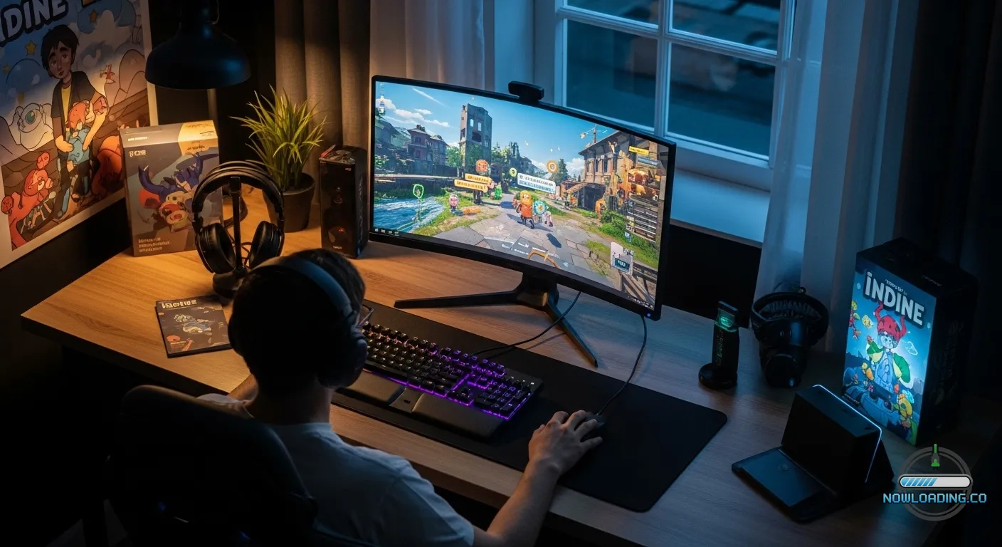 Futuristic gamer setup with dynamic holographic game world