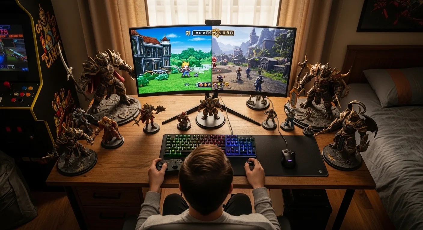 Gamer comparing classic and modern versions of a game on a large monitor