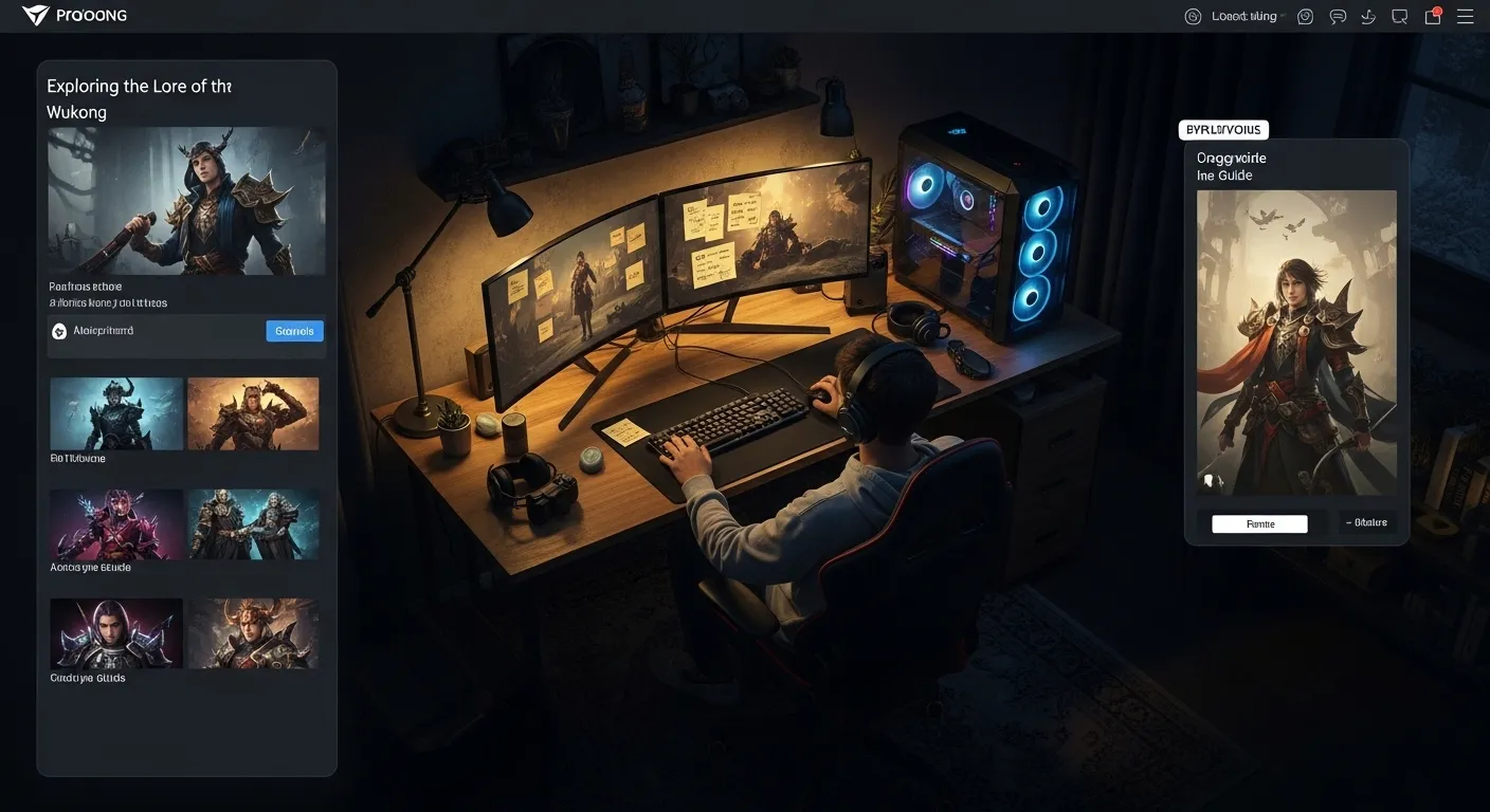 Gamer studying dark fantasy game lore on a multi-monitor setup